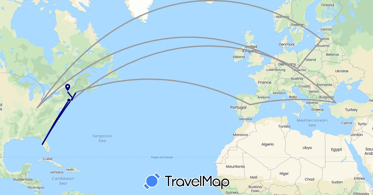 TravelMap itinerary: driving, plane in Czech Republic, Spain, Latvia, Turkey, United States (Asia, Europe, North America)
